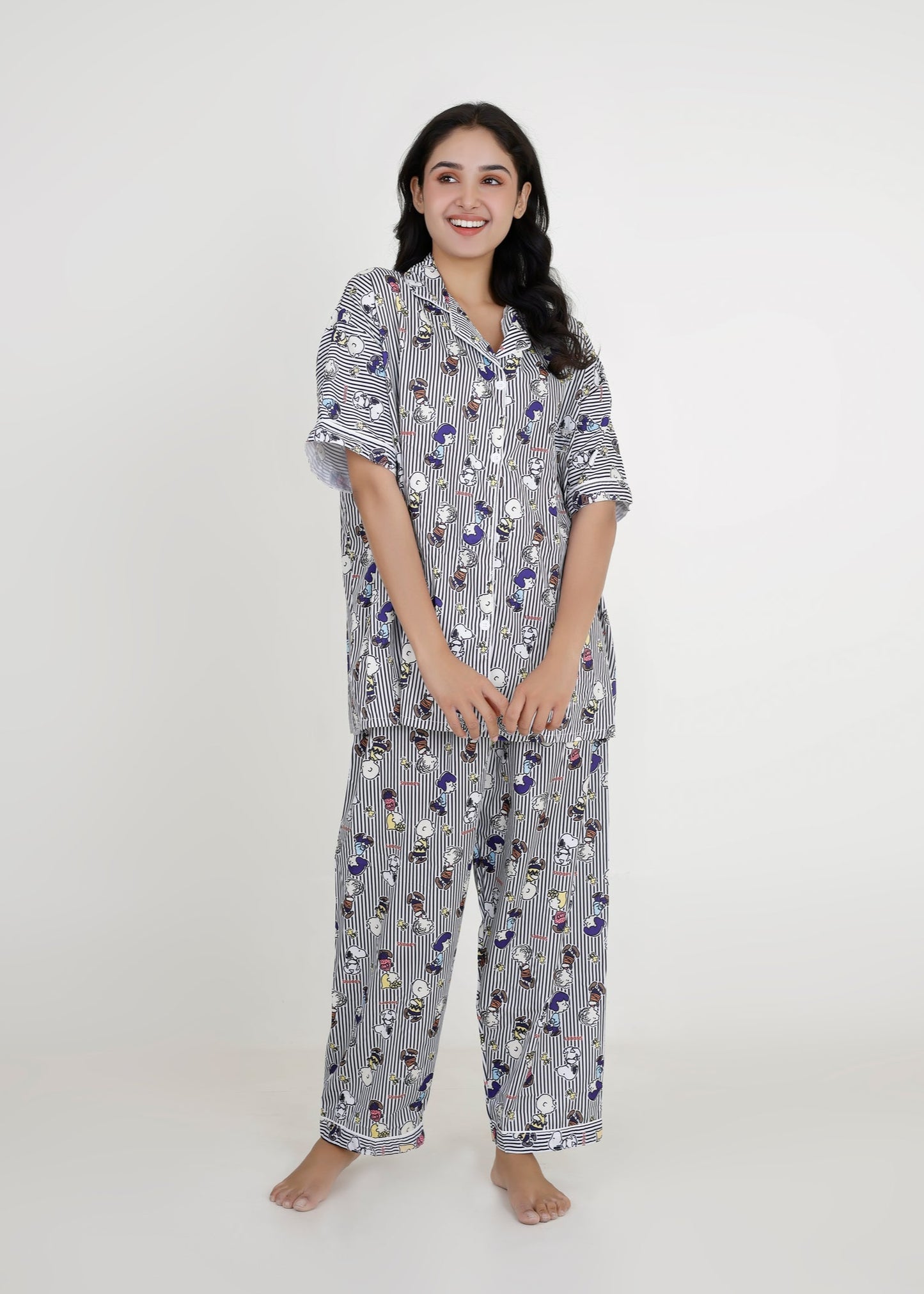 Snoopy Monochrome Stripe Cotton Pyjama Set
