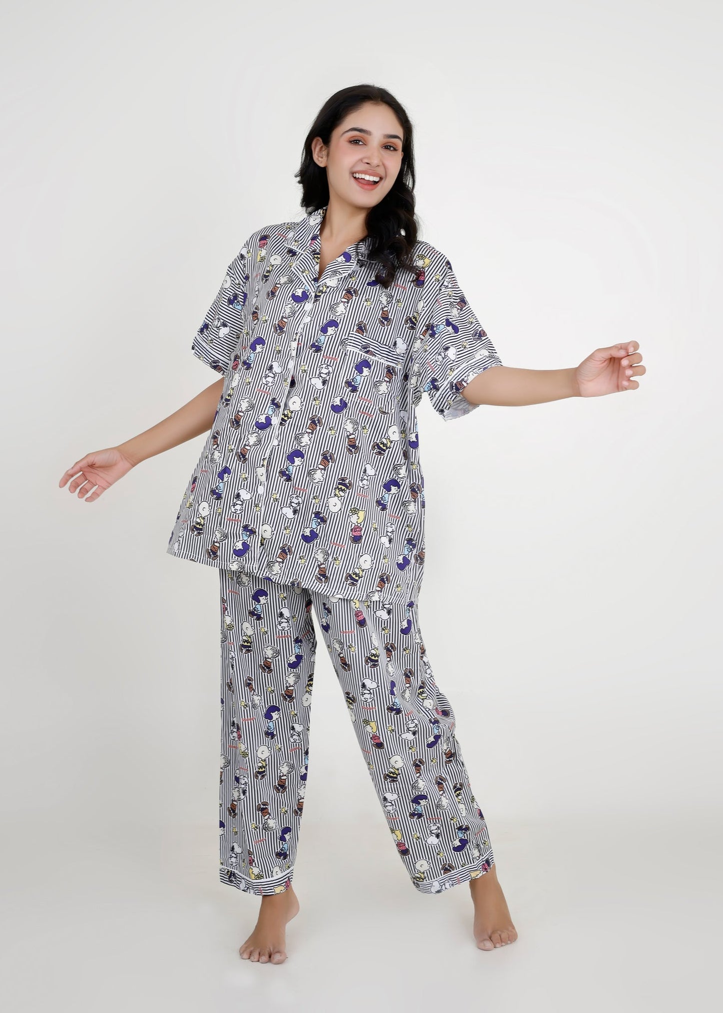 Snoopy Monochrome Stripe Cotton Pyjama Set