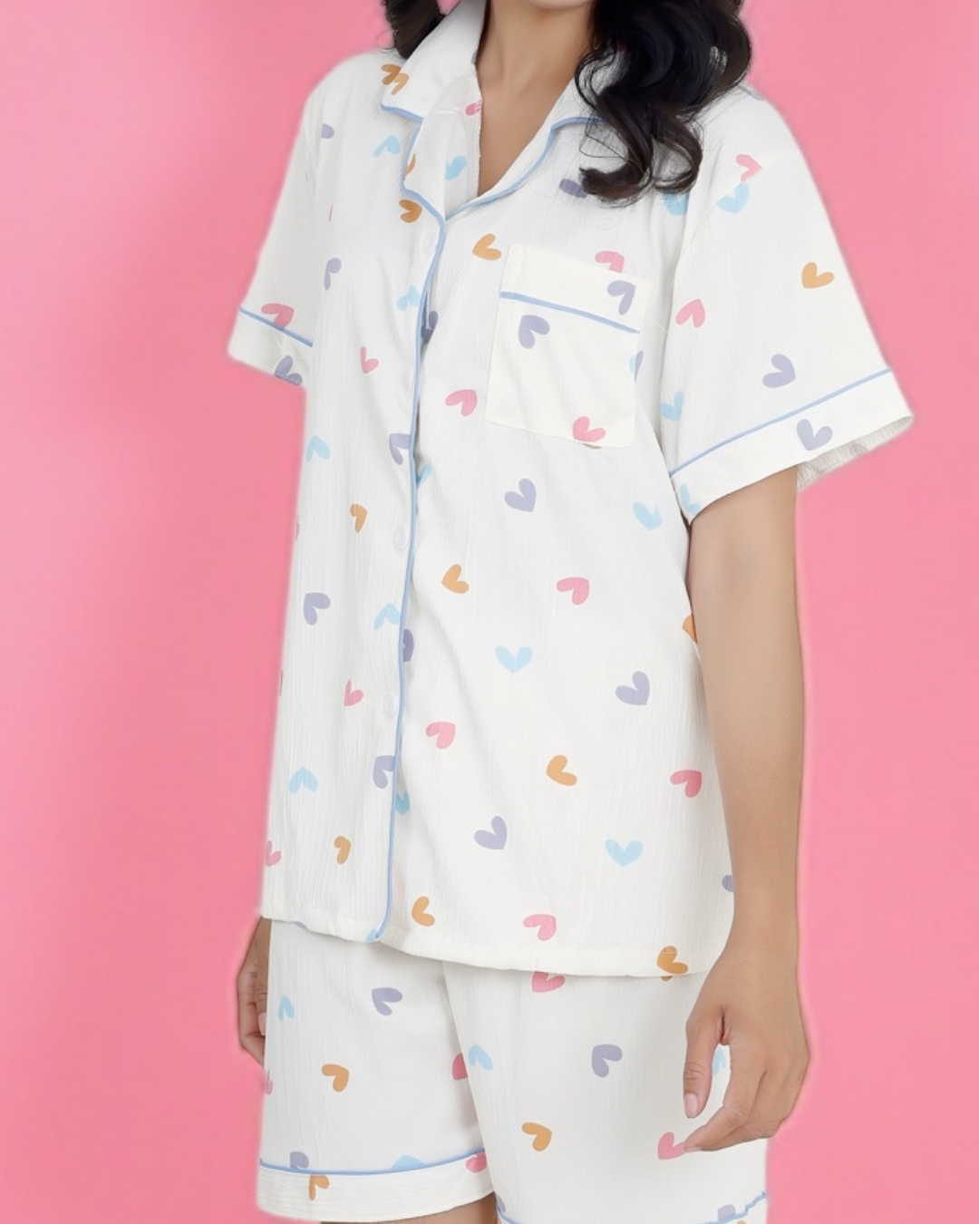 Rainbow Hearts White Cotton Shorts Set