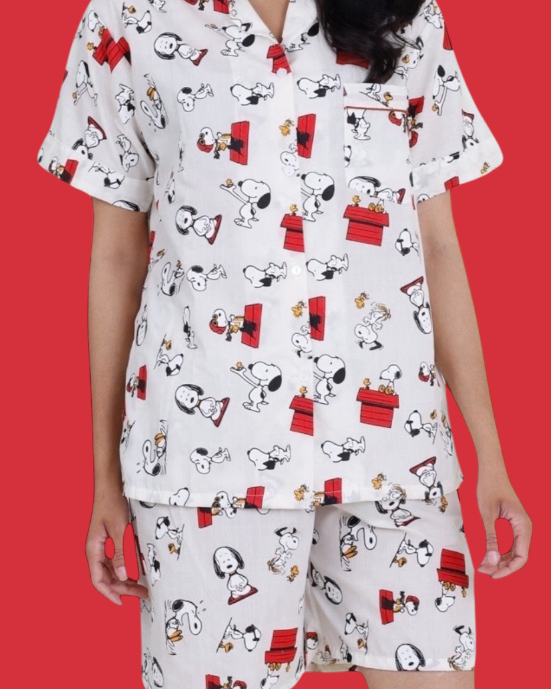 Snoopy in Red - White Cotton Shorts Set