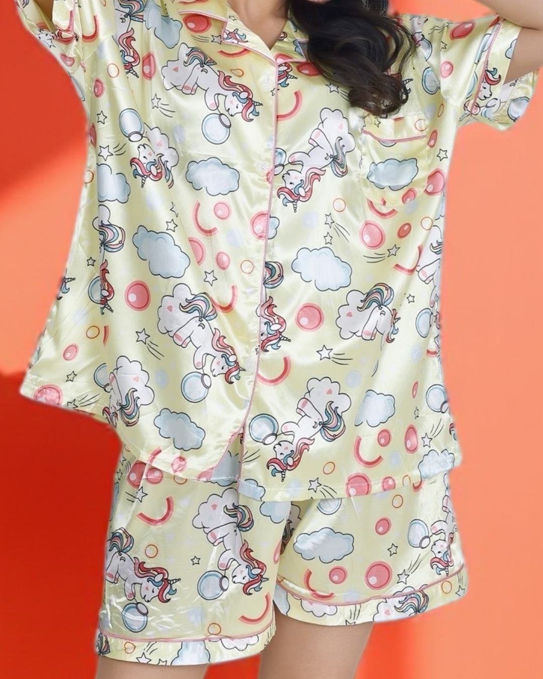 Unicorn Yellow Luxe-Satin Shorts Set