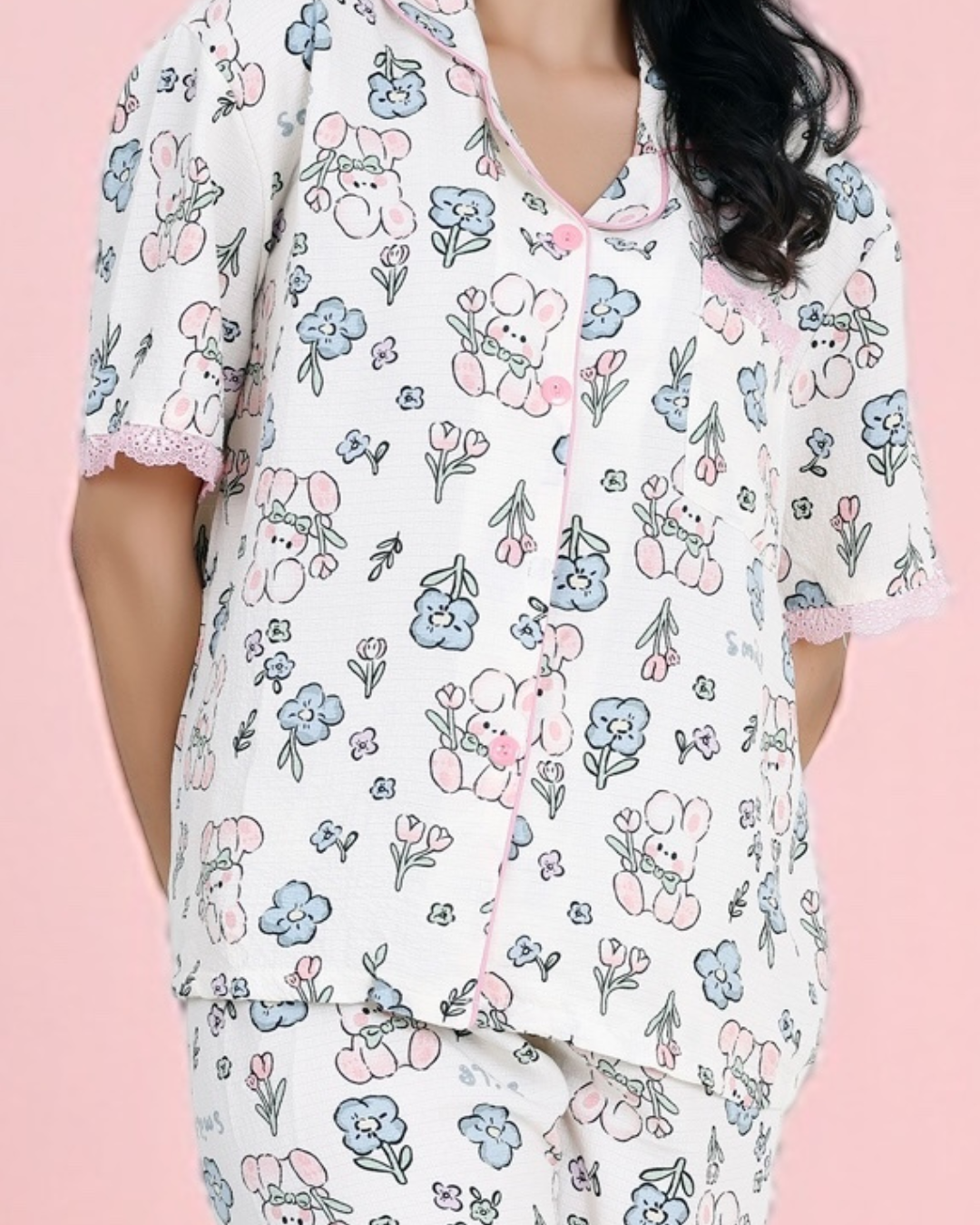 Soft White Bunny Crepe Cotton Pyjama Set