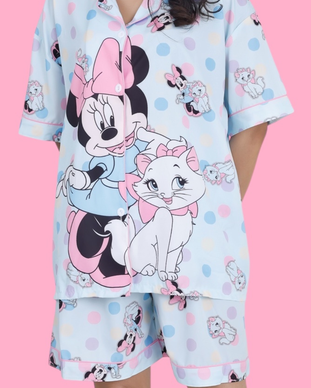 Minnie & Cat Cartoon Cotton Shorts Set