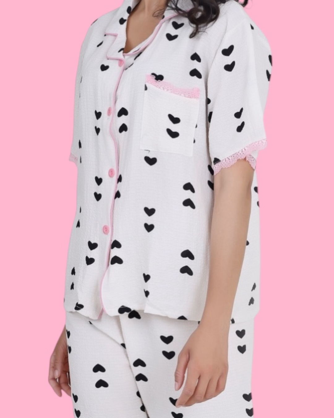 Little Black Hearts Crushed Crepe Pyjama Set