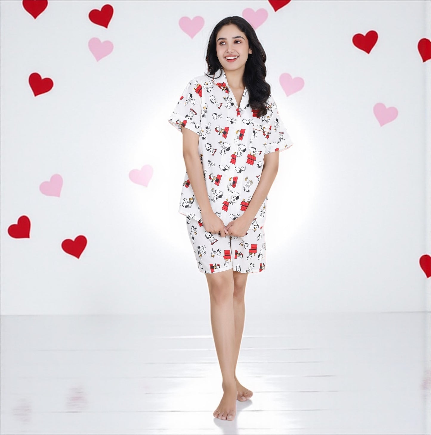 Snoopy in Red - White Cotton Shorts Set