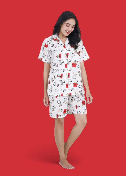 Snoopy in Red white cotton shorts set with cartoon print. Lightweight summer loungewear and sleepwear for women, breathable and comfy by WakeUp Chicq.