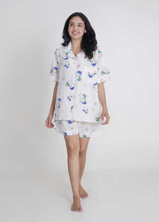 Snoopy White Cotton Shorts Set
