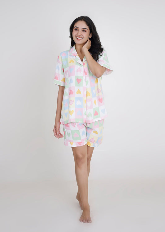 Pastel Hearts Cotton Shorts Set