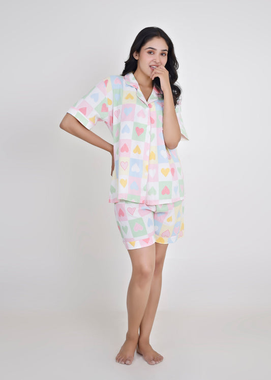 Pastel Hearts Cotton Shorts Set