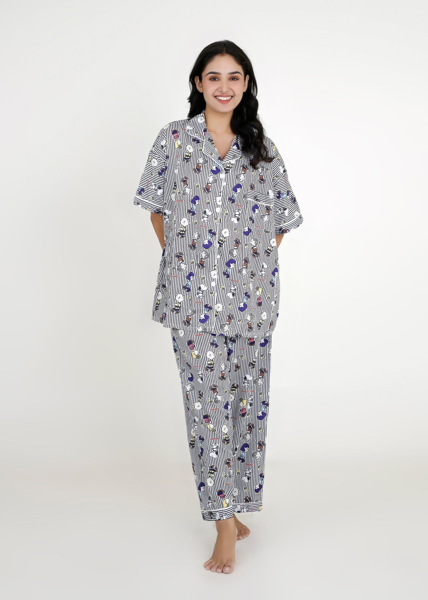 Snoopy Monochrome Stripe Cotton Pyjama Set