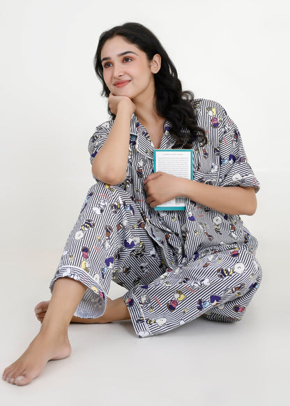 Snoopy Monochrome Stripe Cotton Pyjama Set
