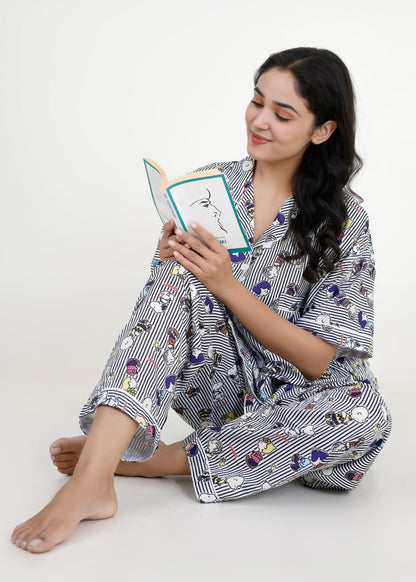 Snoopy Monochrome Stripe Cotton Pyjama Set