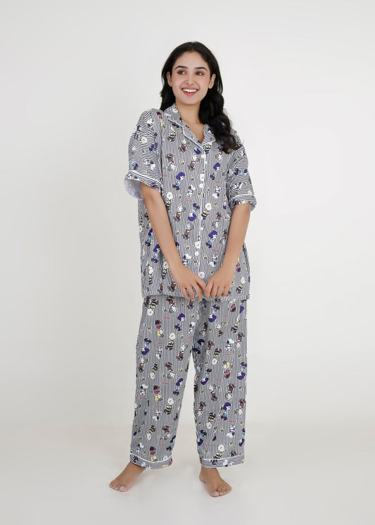 Snoopy Monochrome Stripe Cotton Pyjama Set