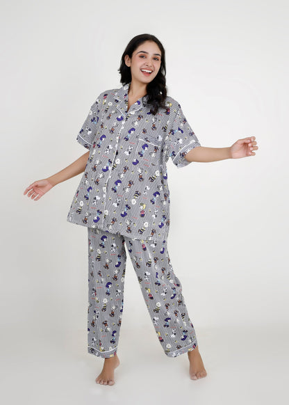 Snoopy Monochrome Stripe Cotton Pyjama Set