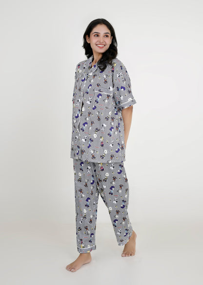 Snoopy Monochrome Stripe Cotton Pyjama Set