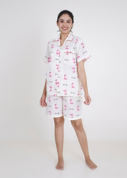 Flamingo Cotton Shorts Set (White)