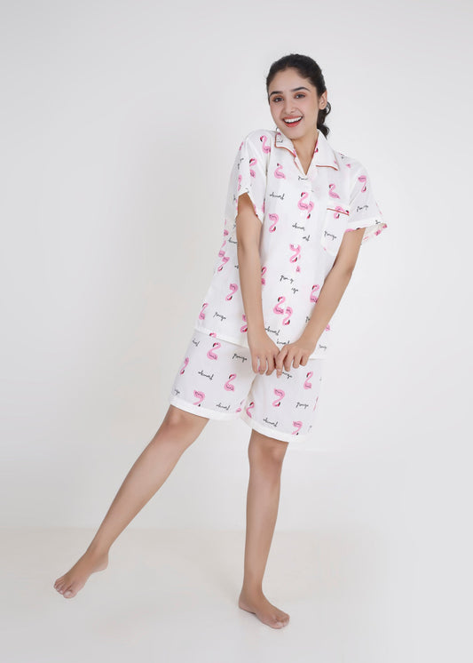 Flamingo Cotton Shorts Set (White)