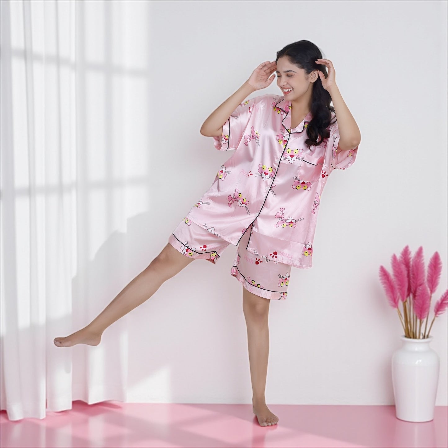 Pink Panther Luxe-Satin Shorts Set