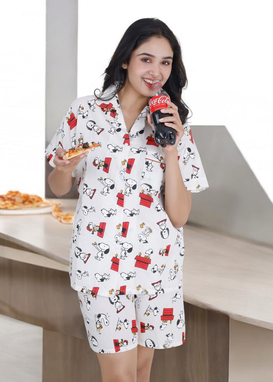 Snoopy in Red white cotton shorts set with cartoon print. Lightweight summer loungewear and sleepwear for women, breathable and comfy by WakeUp Chicq.